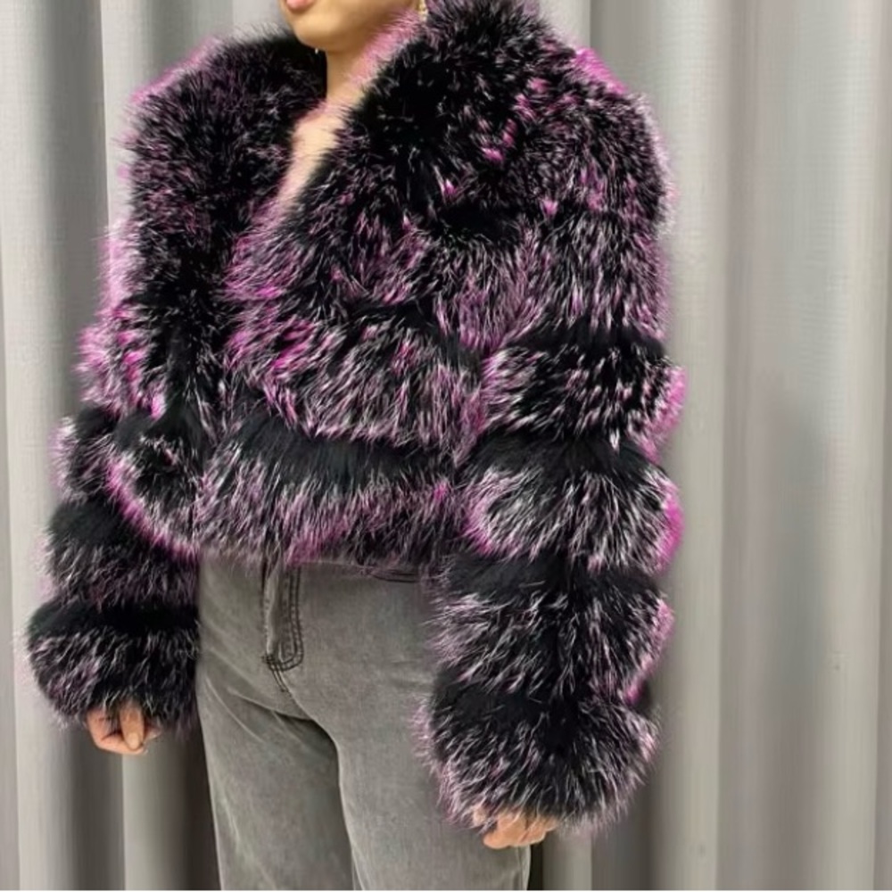 Women's Black and red faux raccoon fur coat